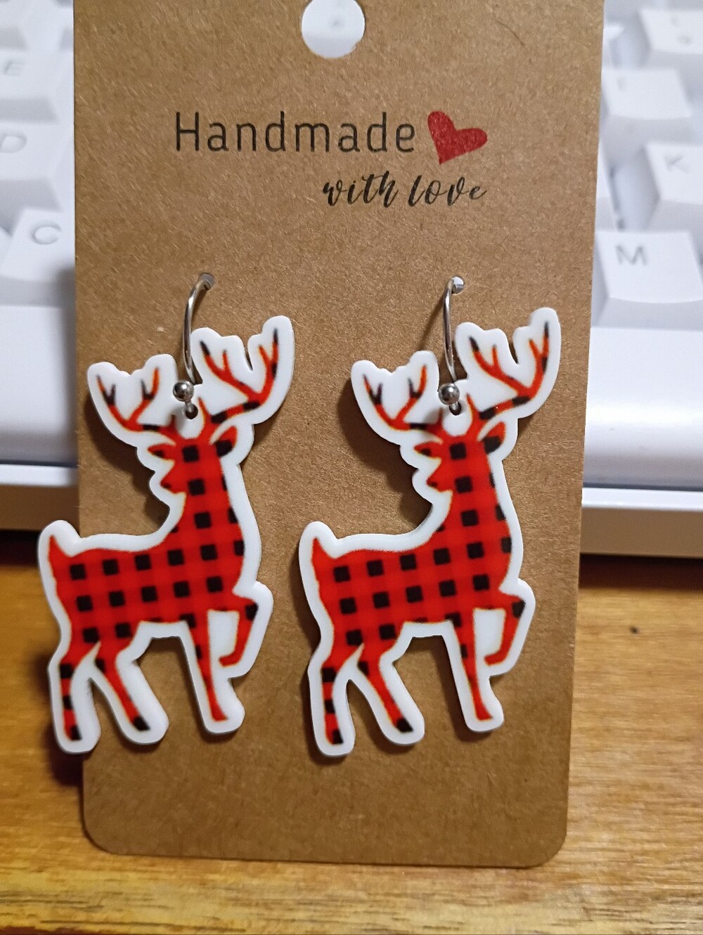 Small Dainty Red Buffalo Plaid Deer Reindeer Earrings